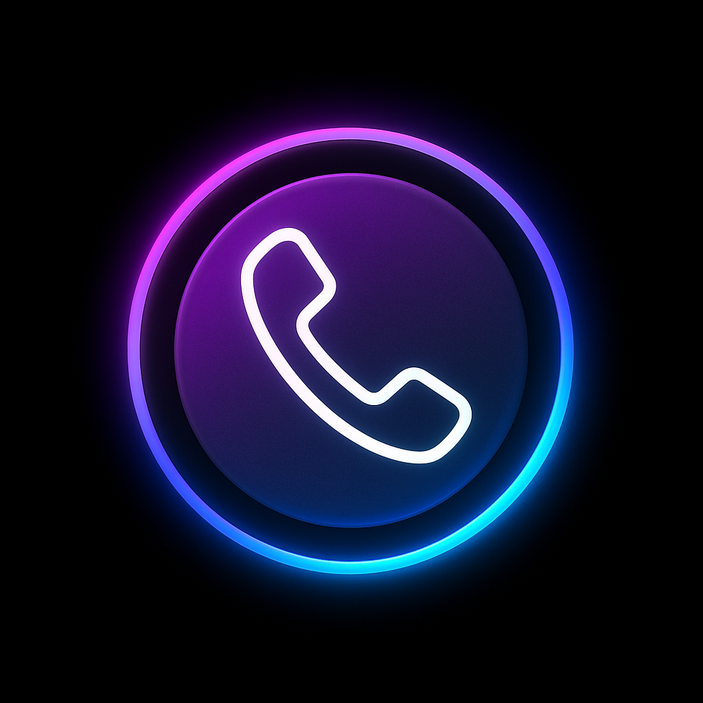 Neon glowing icon of a white phone handset inside concentric circles with purple and blue hues on a black background.