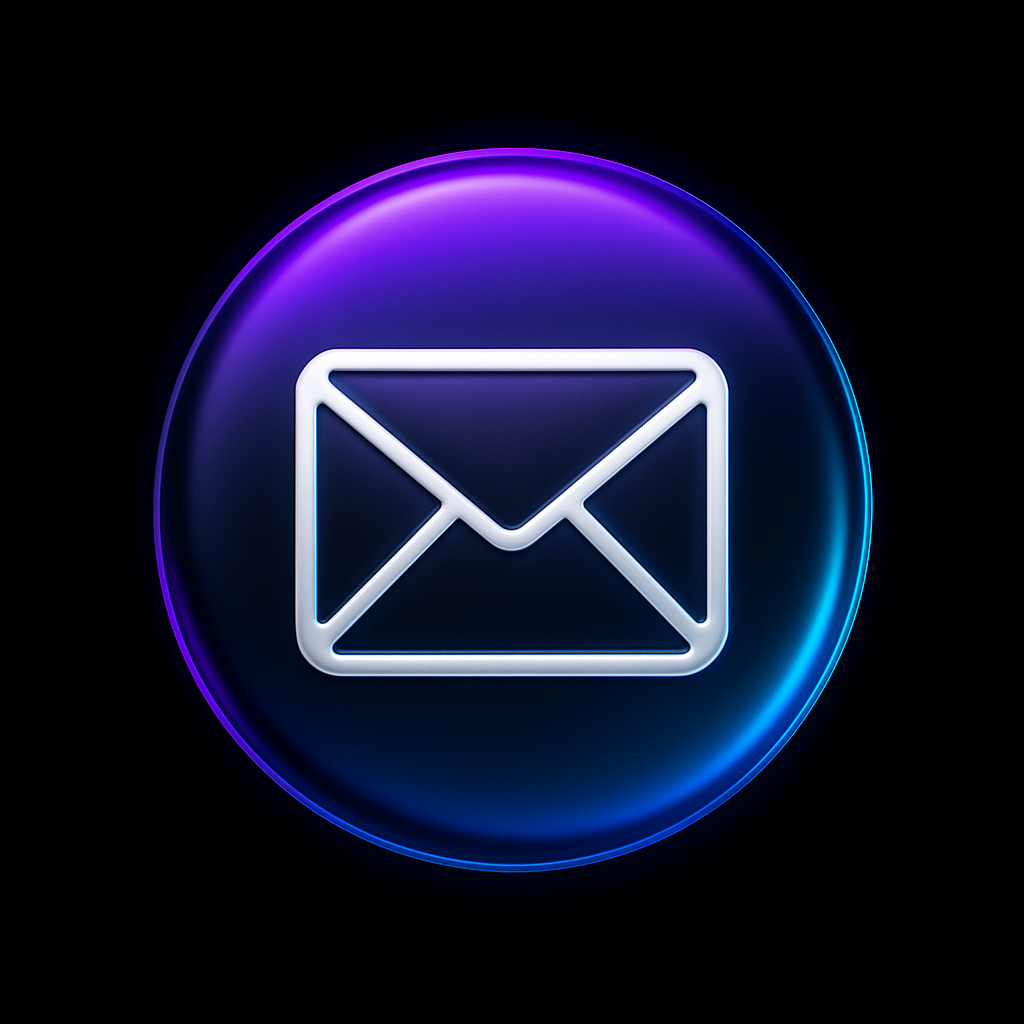 Glowing white envelope icon inside a circular button with purple and blue gradient lighting on a black background.