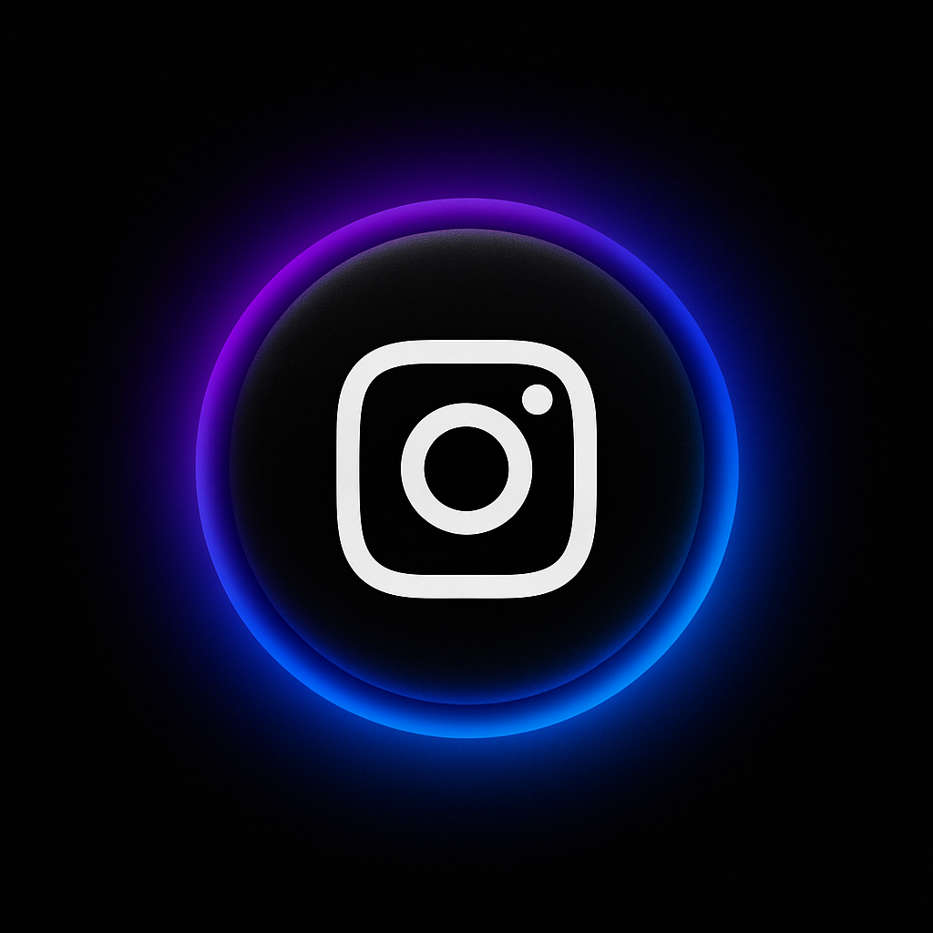 Instagram logo in white centered inside a glowing purple and blue circular light on a black background.