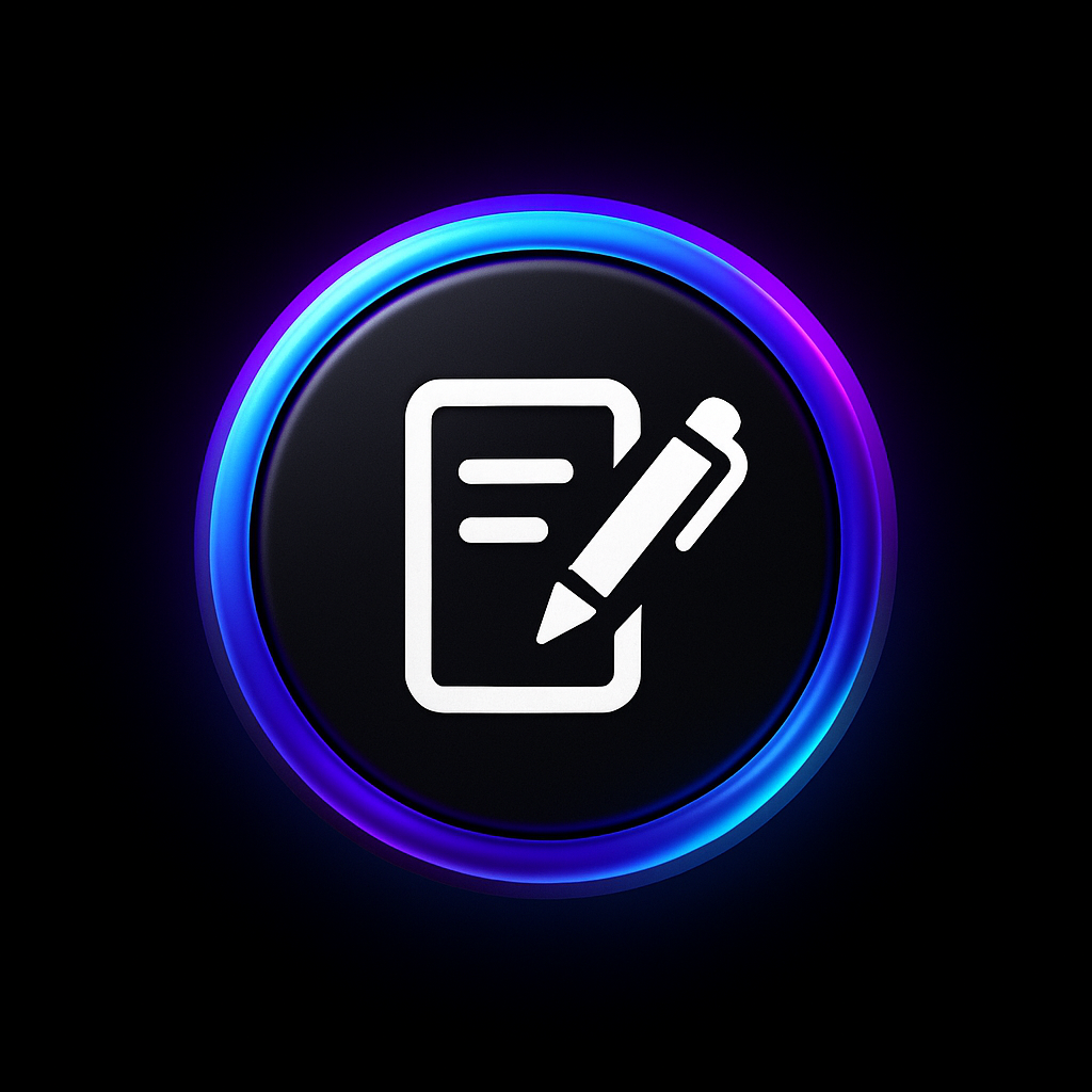 Icon of a white notepad and pen inside a glowing blue and purple circular button on a black background.