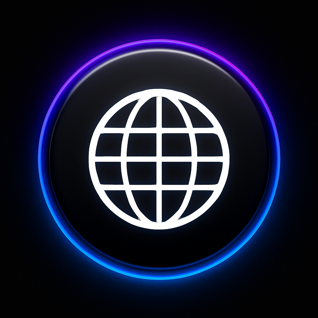 Glowing white globe icon with latitude and longitude lines inside a circular frame with purple and blue neon light.