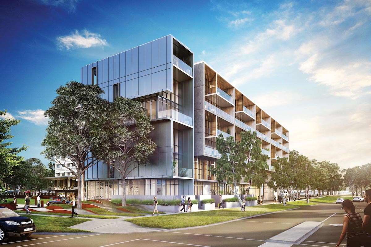 Modern multi-story building with large windows and balconies, surrounded by trees and pedestrians walking on sidewalks under a blue sky.
