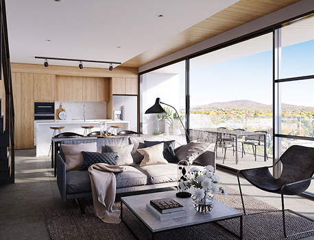 Modern open living room and kitchen with large floor-to-ceiling windows overlooking a balcony and scenic mountain view.