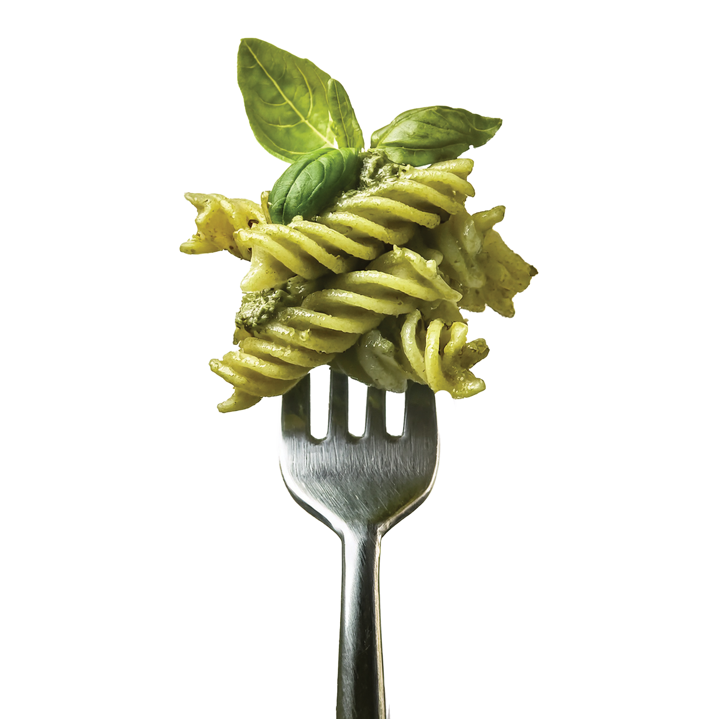 A pesto fusilli on a fork