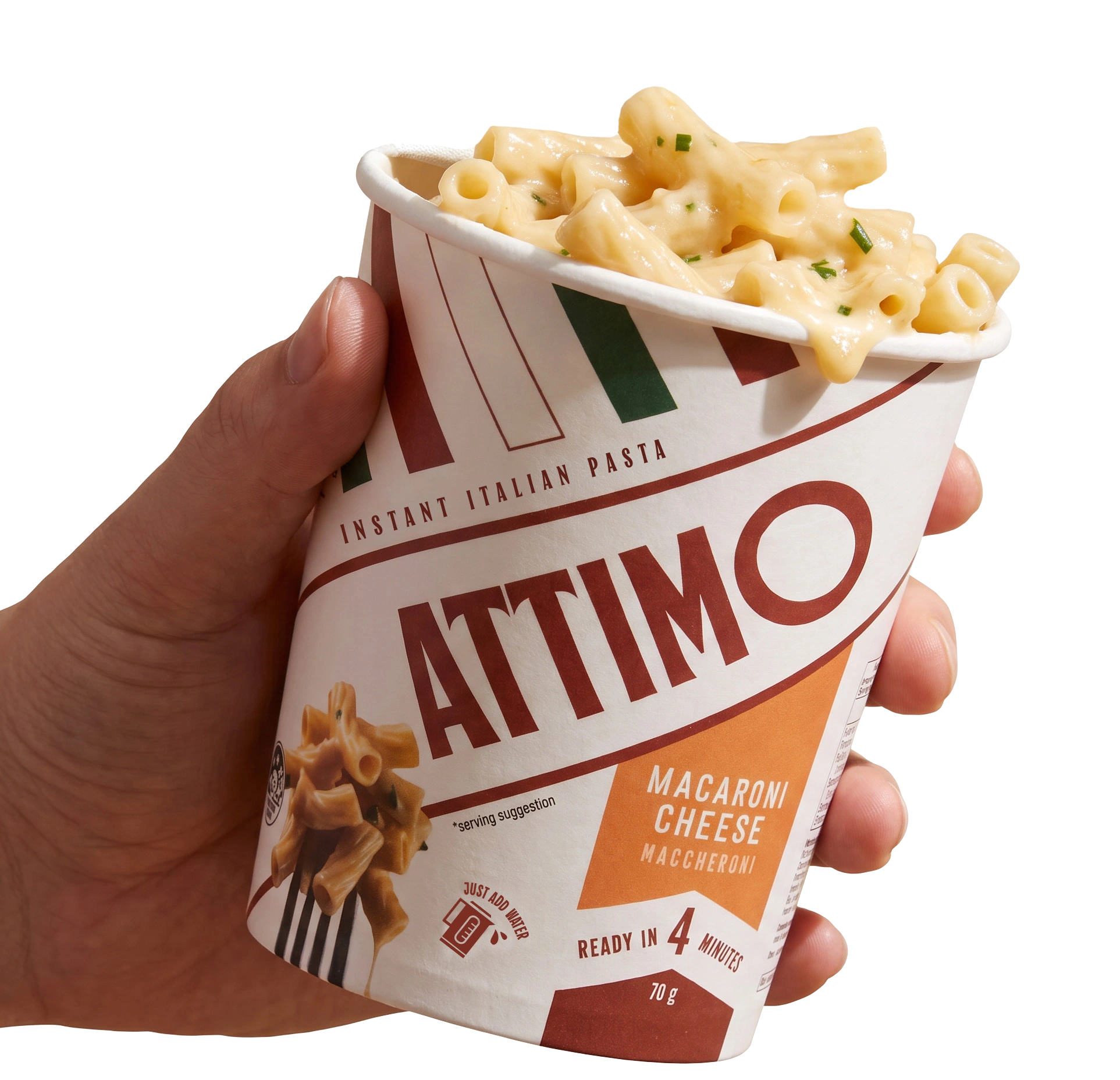 Hand holding an Attimo Macaroni Cheese cup filled with creamy macaroni