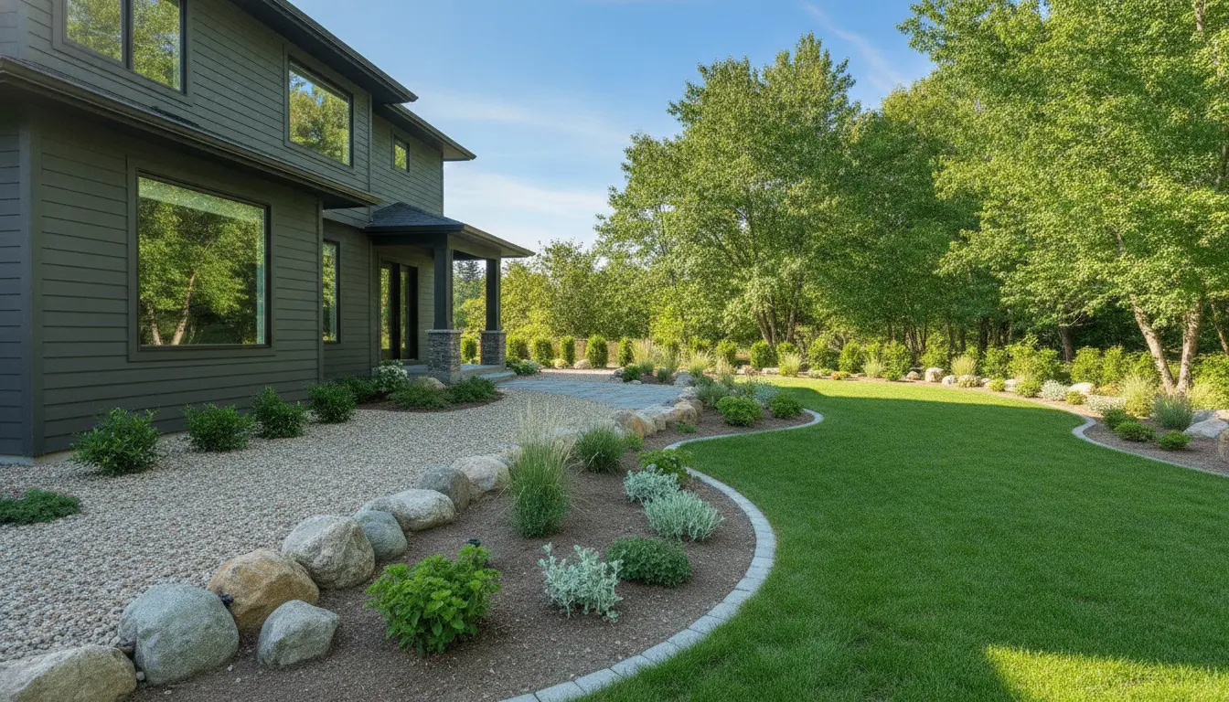 Fire-resistant landscaping around a Vancouver Island home featuring gravel borders, spaced shrubs, and defensible space near the foundation