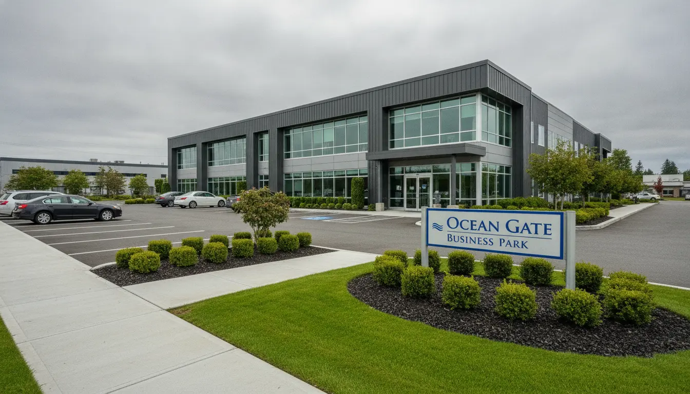 Commercial landscape maintenance at a Campbell River business property with manicured lawns, trimmed shrubs, and clean entrances.