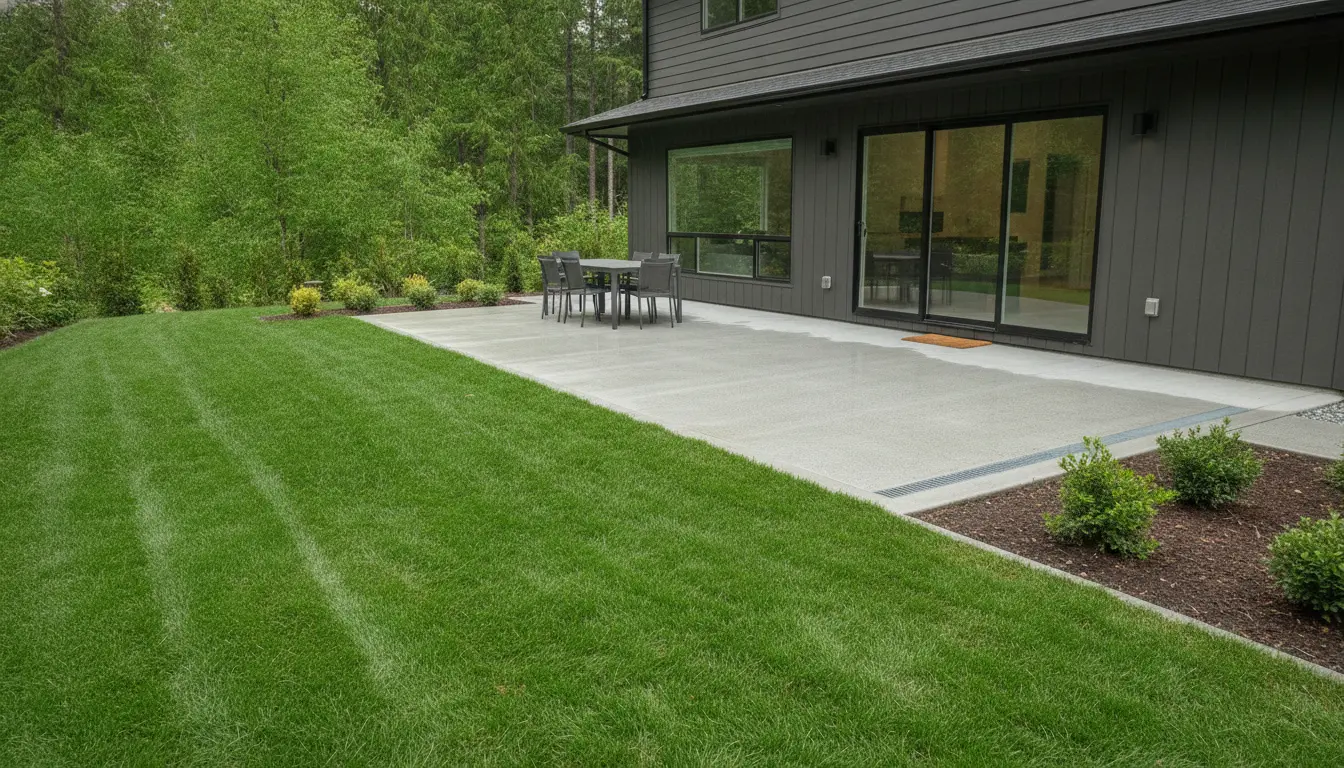 Professionally installed concrete patio in Campbell River with proper drainage, clean finish, and landscaped backyard.