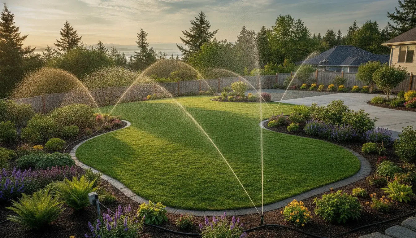 Smart irrigation system watering a Campbell River lawn and garden beds efficiently during permitted morning watering hours.