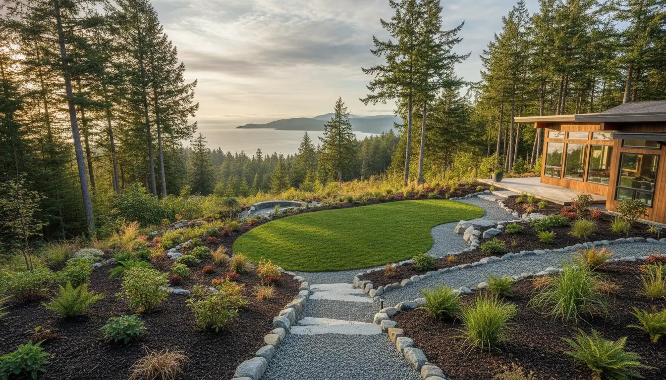 Professionally maintained Quadra Island property featuring native plants, clean landscaping, and coastal-friendly design.