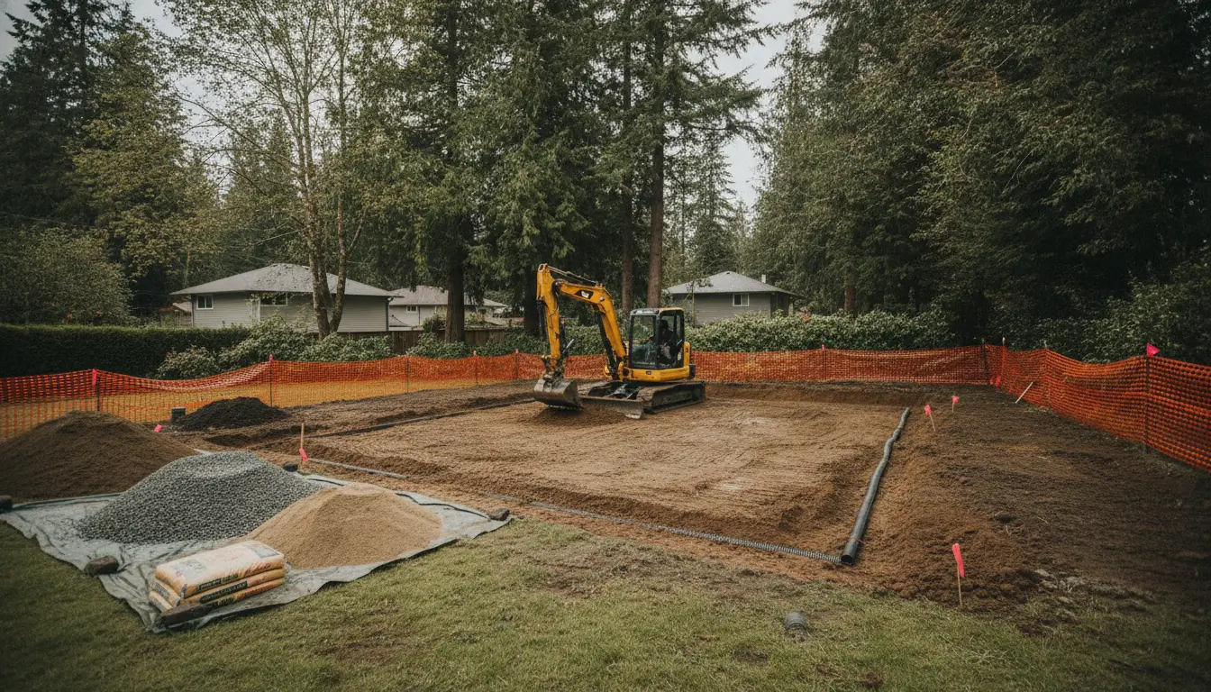 Backyard excavation and drainage preparation project in Courtenay with grading and site preparation for future landscaping work.