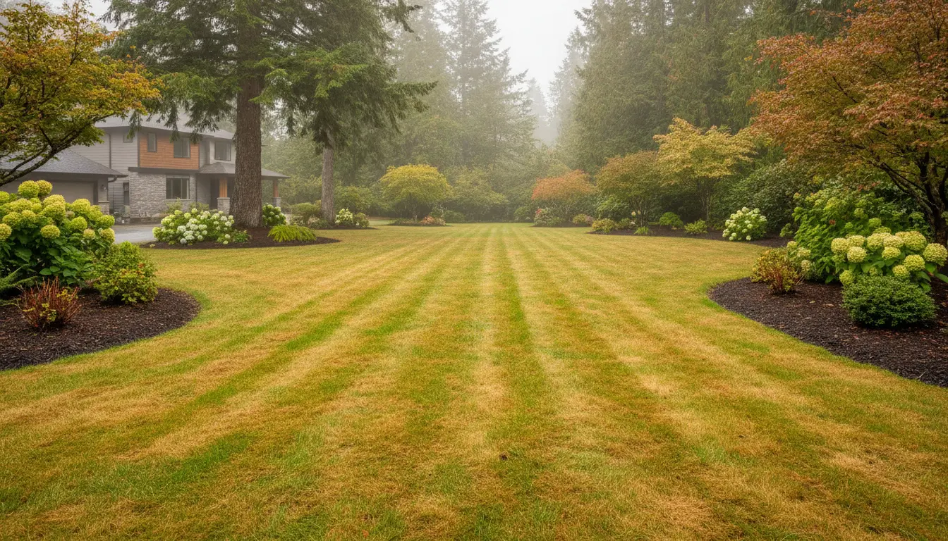 Vancouver Island lawn recovering from summer dormancy with green grass returning after rainfall.