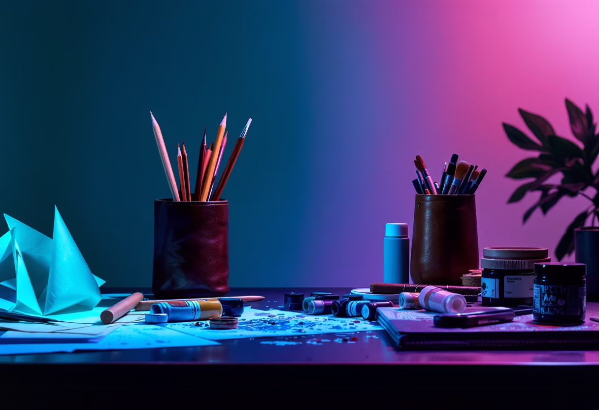 [background image] image of art supplies on a desk (for a graphic design studio)