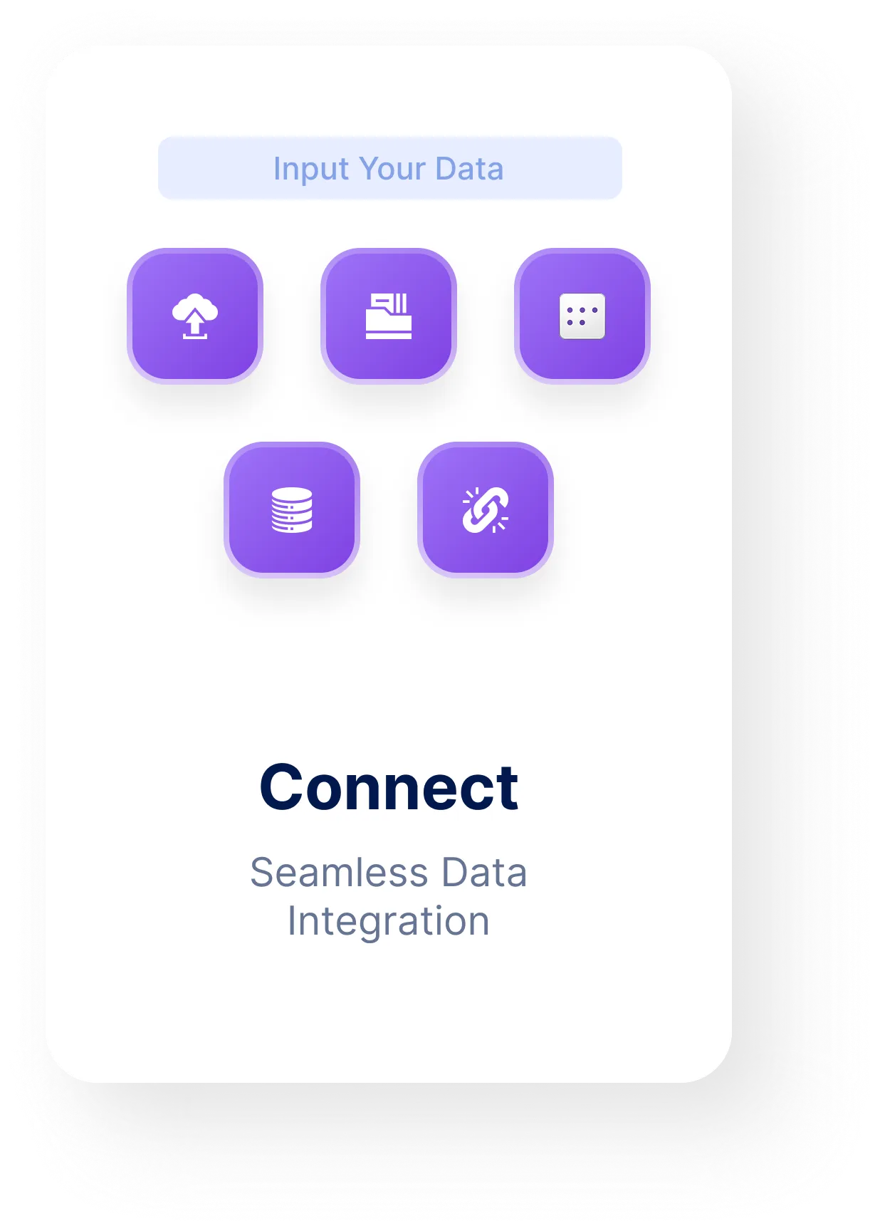 Interface with five purple icons representing data upload, document, dice, database, and link under the heading 'Input Your Data', and text 'Connect Seamless Data Integration'.