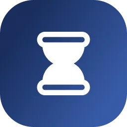 White hourglass icon on a rounded dark blue background.