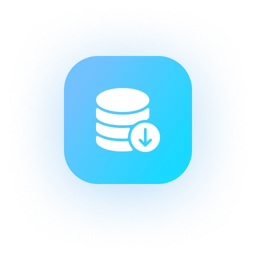 White database stack icon with a download arrow on a blue rounded square background.