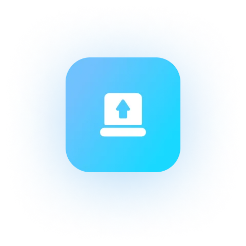 Blue rounded square icon with a white upload symbol showing an upward arrow above a horizontal line.