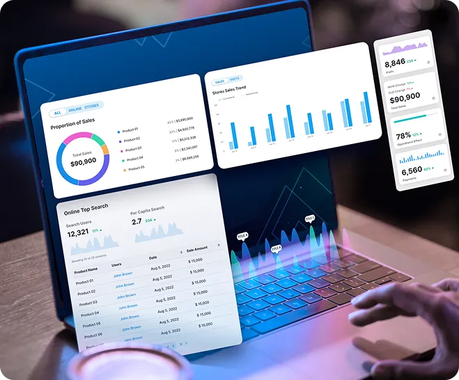 Laptop screen displaying Power BI dashboards with sales data, charts, search statistics, and financial metrics over a wooden table with a person's hand near the keyboard.