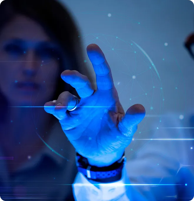 Person reaching out with an open hand surrounded by digital network graphics and blue light effects.