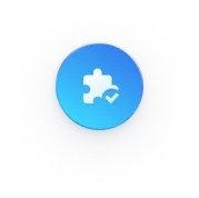 Blue circular icon with a white puzzle piece and checkmark inside.