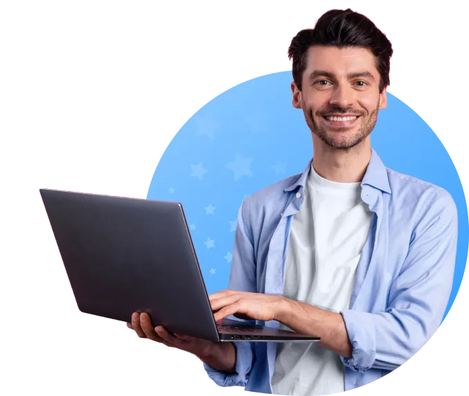 Smiling man holding a laptop with a blue circle and star pattern background.