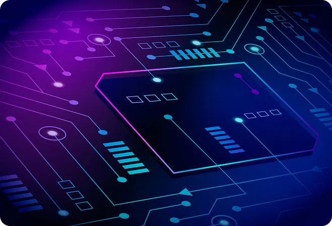 Abstract digital circuit board with glowing neon blue and purple lines and geometric shapes on dark background.