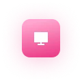 White monitor icon centered on a bright pink rounded square background.