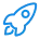 Blue rocket ship icon with circular window and flames.