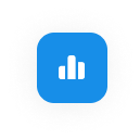 Blue square icon with a white bar chart of three vertical bars of varying heights.