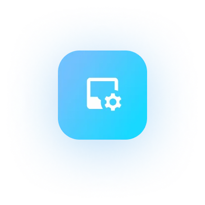 Blue rounded square icon with a white computer monitor and a gear symbol in the lower right corner.