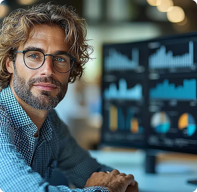Man with glasses and curly hair sitting at a desk with a computer monitor displaying colorful charts and graphs in the background.