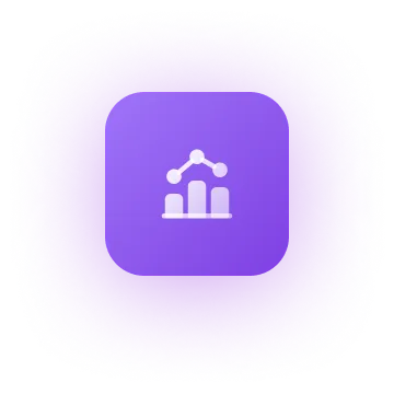 White analytics graph icon with three vertical bars and a connecting line on a purple rounded square background.