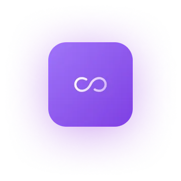 White infinity symbol centered on a rounded purple square background with a glowing effect.