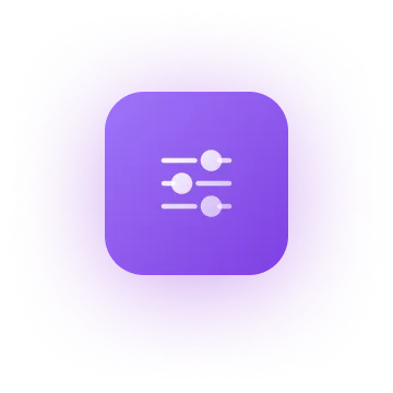 Settings icon with three horizontal sliders on a purple rounded square background.