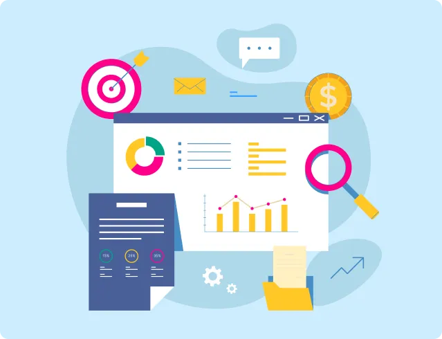 Illustration of business analytics with charts, graphs, a target with an arrow, a magnifying glass, a dollar coin, an envelope, and documents on a light blue background.