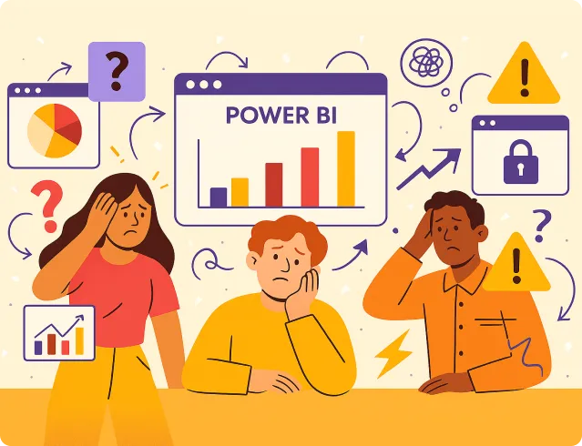 Three frustrated people with puzzled expressions surrounded by icons and charts representing Power BI, data confusion, and security warnings.