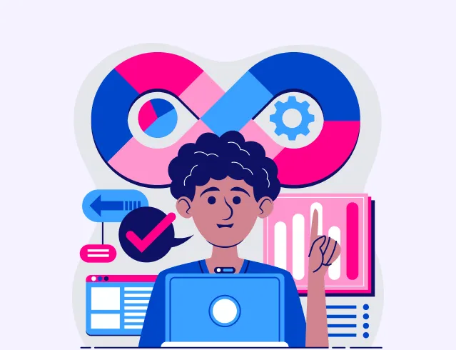 Illustration of a person working on a laptop with an infinity loop and data analytics icons in the background, symbolizing continuous development and embedded analytics in SaaS.
