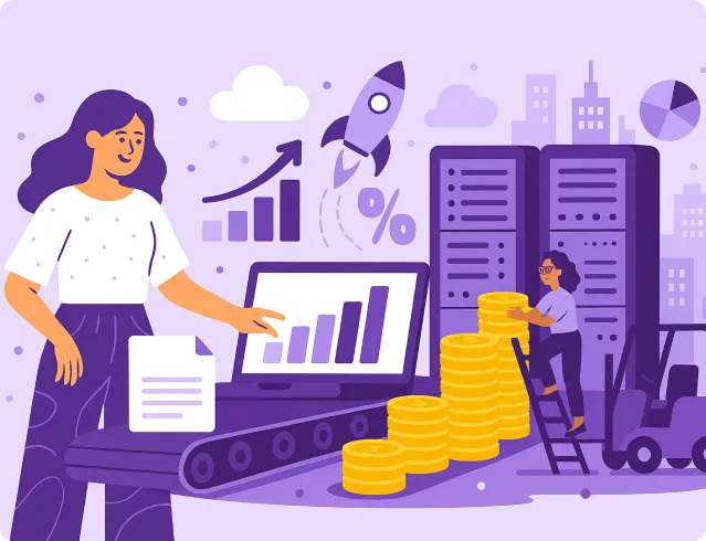 Illustration of a woman pointing at a laptop screen with a rising bar graph, stacks of gold coins, and a smaller woman climbing a ladder to place coins, symbolizing financial growth and data analytics.