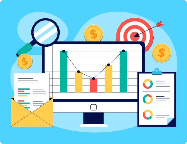 Computer screen displaying bar and line graphs surrounded by dollar coins, a magnifying glass, a target with an arrow, an envelope with a document, and a clipboard with pie charts.
