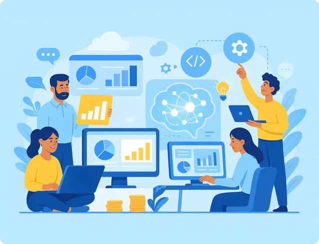 Group of people collaborating with laptops and screens showing graphs and charts representing data analysis and technology.