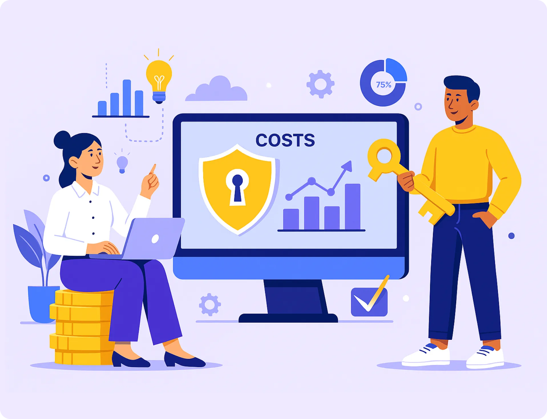 Illustration of a woman sitting on stacked coins using a laptop and a man holding a large key next to a monitor displaying a shield with a keyhole, the word 'COSTS,' and a rising bar graph.