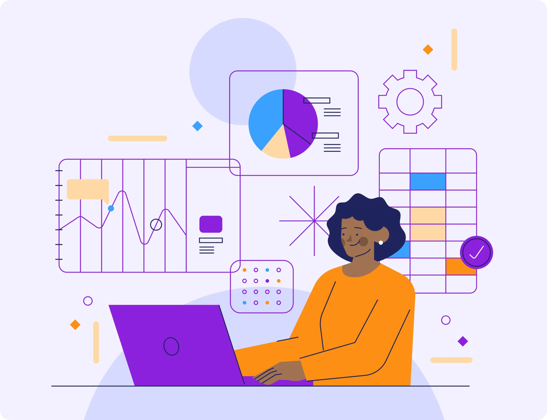 Person working on a laptop surrounded by data visualization elements including a pie chart, line graph, calendar, and table.