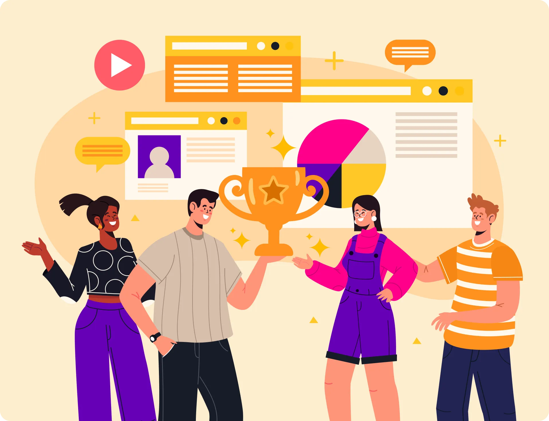 Four diverse people celebrating with a large golden trophy, surrounded by floating data charts and speech bubbles.