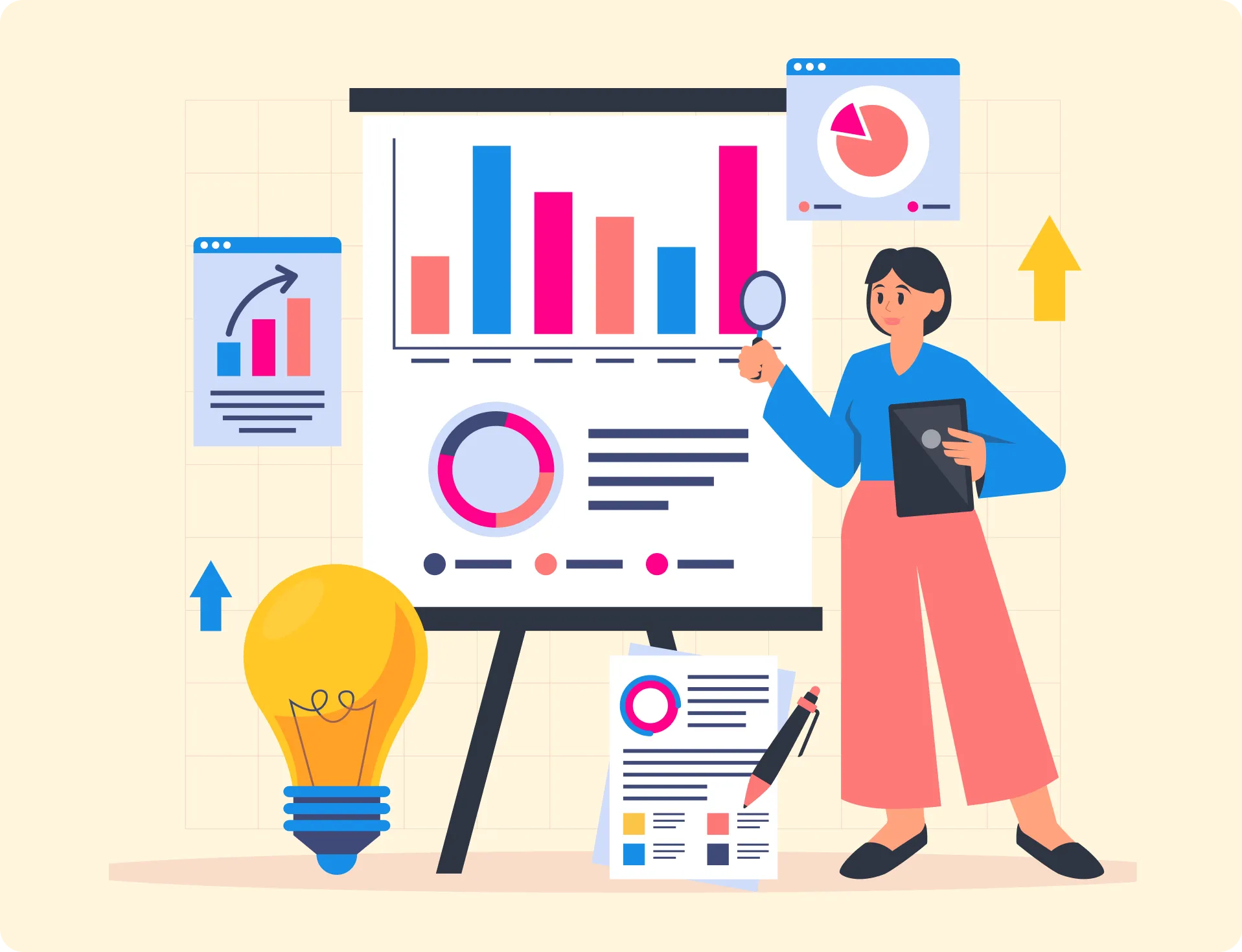 Person analyzing colorful bar and pie charts on a presentation board, holding a magnifying glass and tablet, with a large light bulb and upward arrows nearby.
