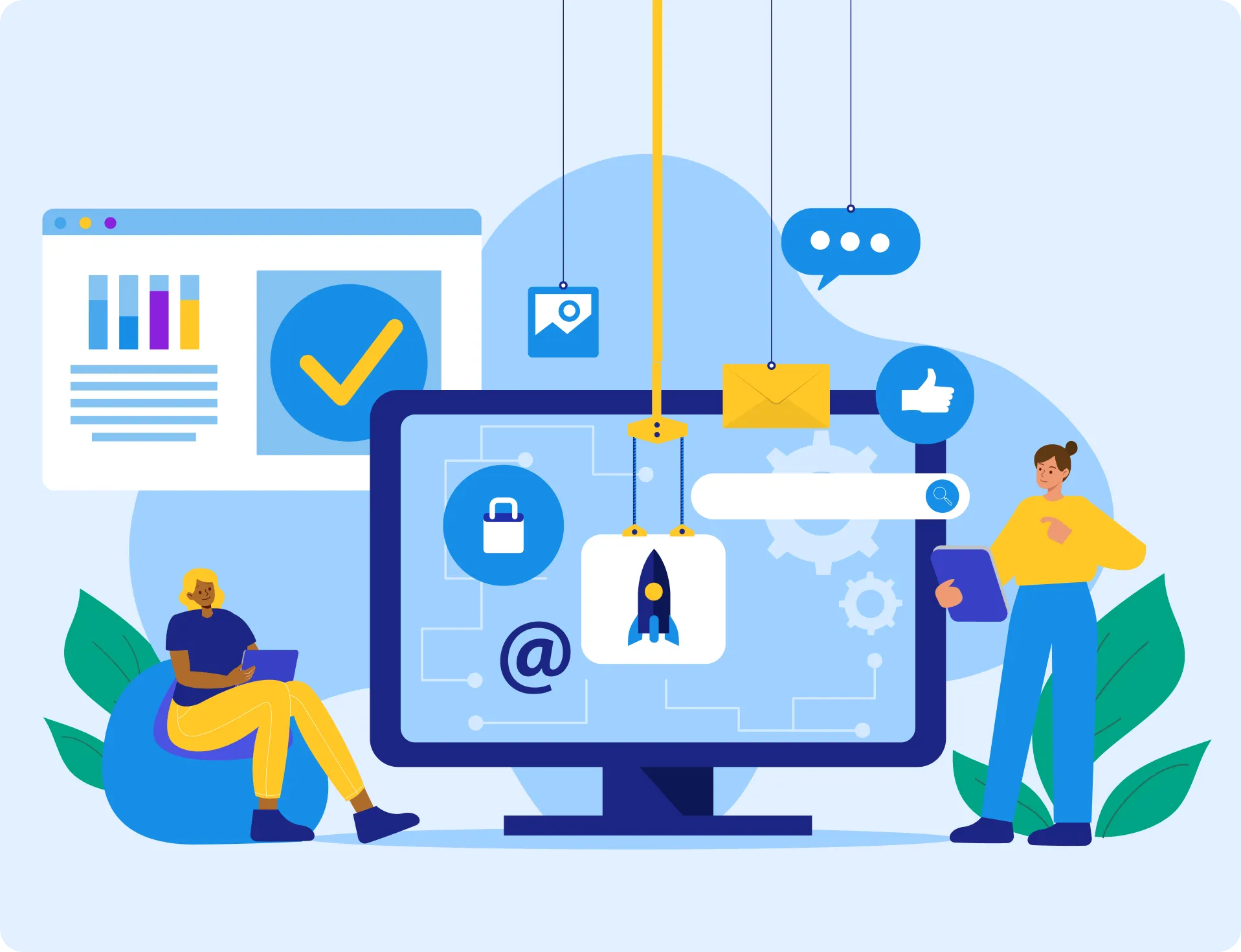 Illustration of two people working with digital icons like a padlock, rocket, and checkmark around a large computer monitor.