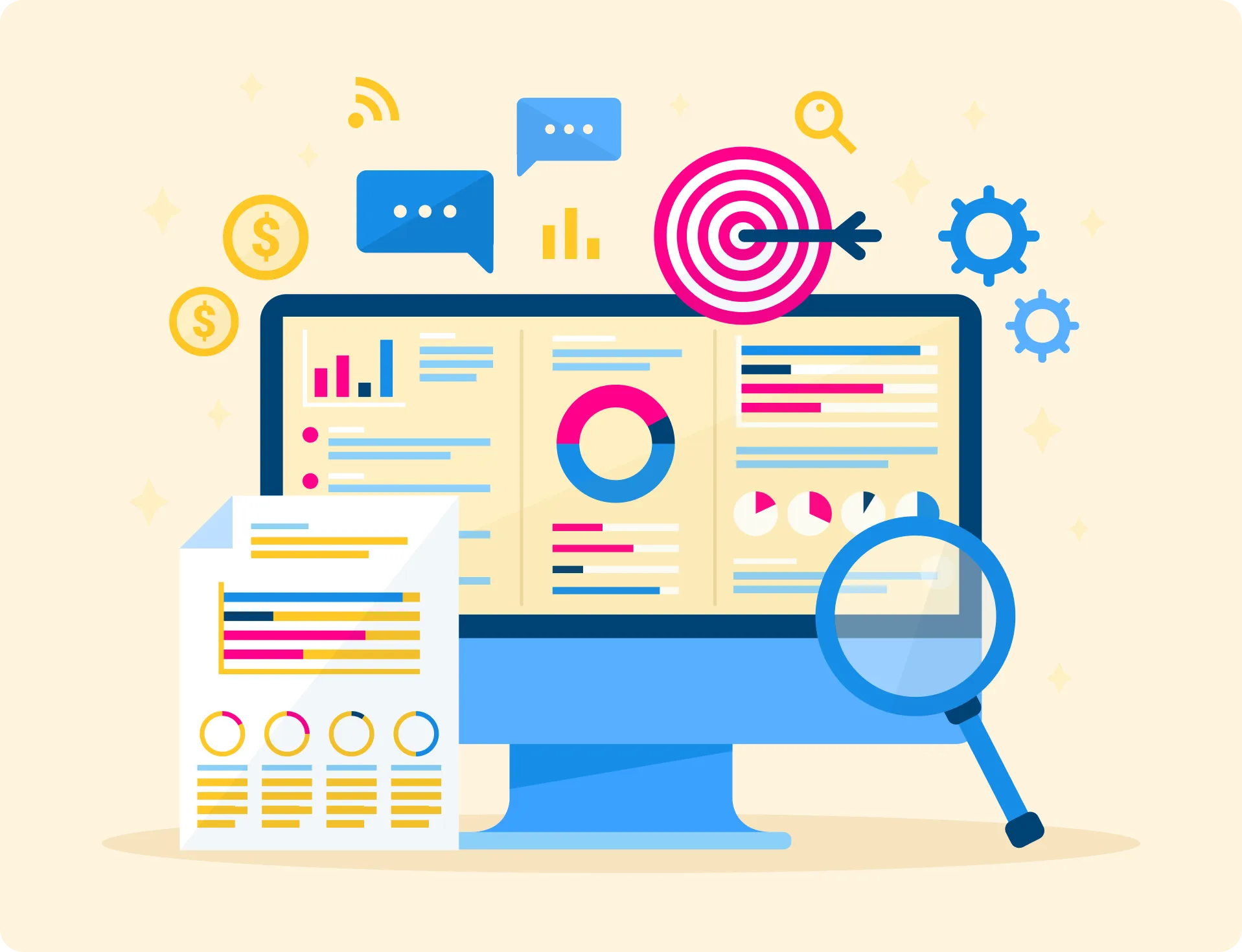 Computer screen and report displaying colorful business charts, graphs, and data analysis icons including target, magnifying glass, gears, and currency symbols.
