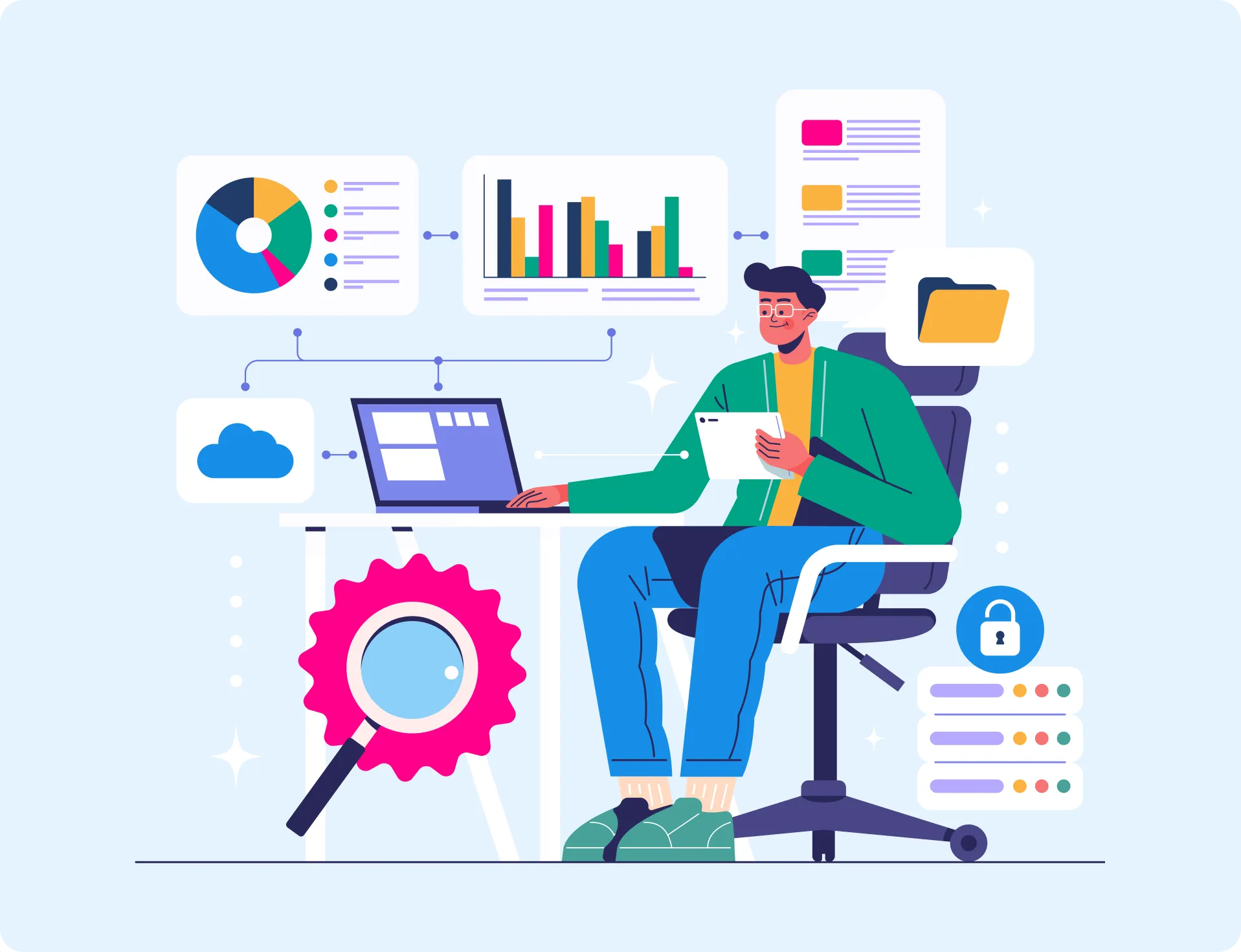 Illustration of a person sitting at a desk using a laptop and tablet, surrounded by icons of charts, cloud storage, a file folder, a magnifying glass, and a security lock symbol.