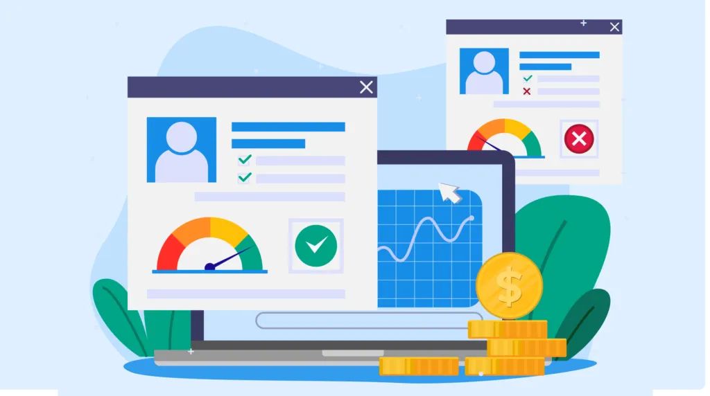 Illustration of a laptop displaying a data chart with user profile cards showing performance meters and check or cross marks, alongside stacked gold coins symbolizing financial growth.