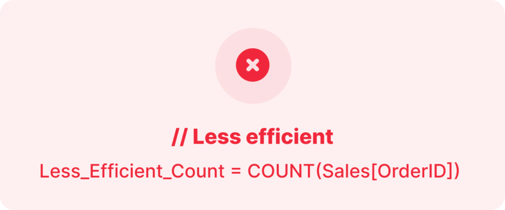 Example of less efficient DAX formula: Less_Efficient_Count = COUNT(Sales[OrderID]).