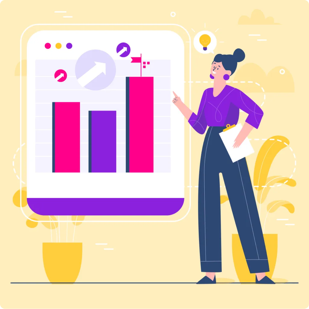 Illustration of a woman pointing to a rising bar chart with three bars in pink and purple, indicating growth and ideas with a lightbulb icon above her head.